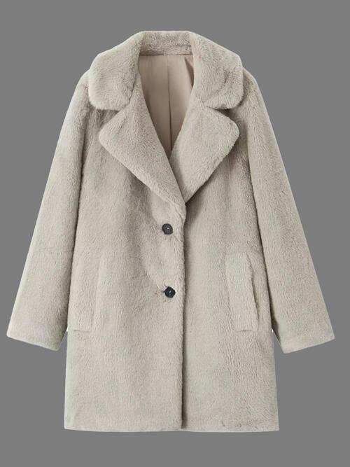 Faux Fur Button Up Lapel Neck Coat with Pocket - SteelBlue & Co.