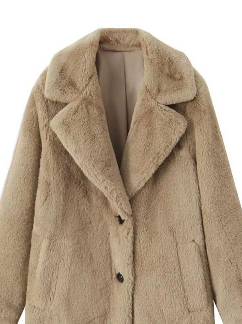 Faux Fur Button Up Lapel Neck Coat with Pocket - SteelBlue & Co.