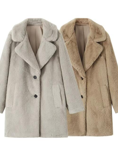 Faux Fur Button Up Lapel Neck Coat with Pocket - SteelBlue & Co.