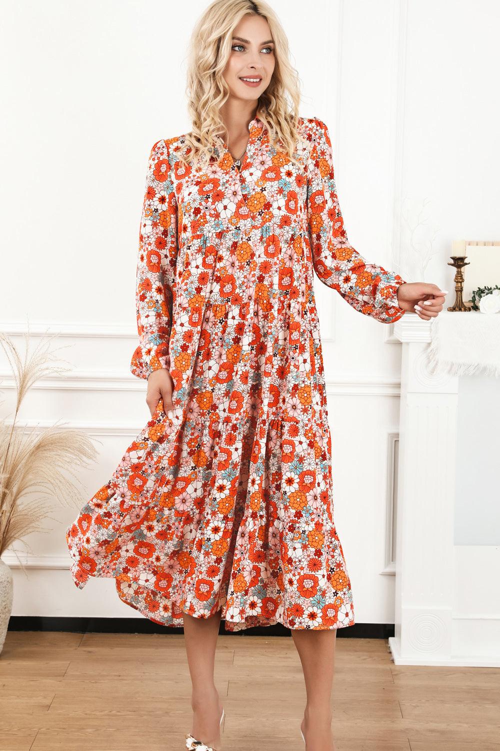 Floral Notched Neck Long Sleeve Dress - SteelBlue