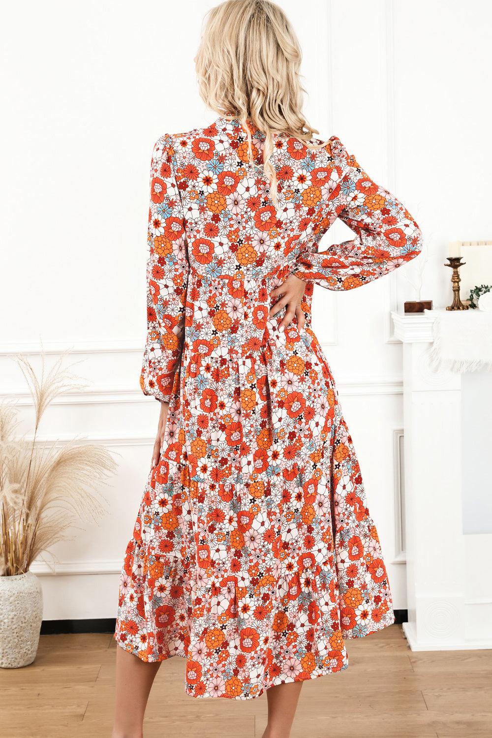 Floral Notched Neck Long Sleeve Dress - SteelBlue