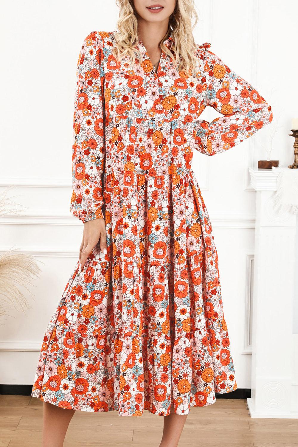 Floral Notched Neck Long Sleeve Dress - SteelBlue