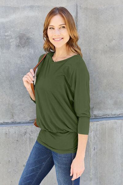 Basic Bae Full Size Round Neck Batwing Sleeve Blouse - SteelBlue & Co.