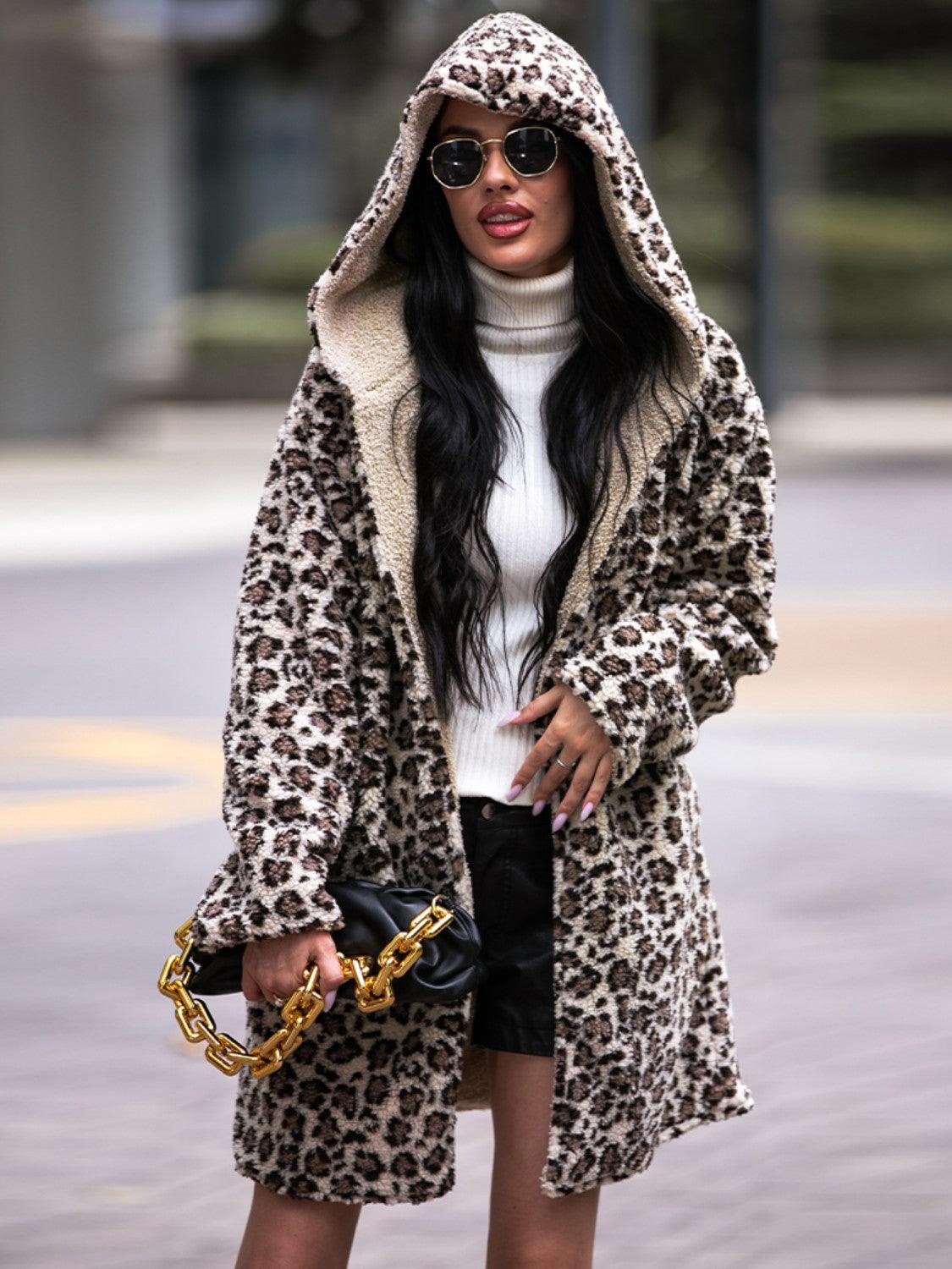 Leopard Hooded Coat with Pockets - SteelBlue