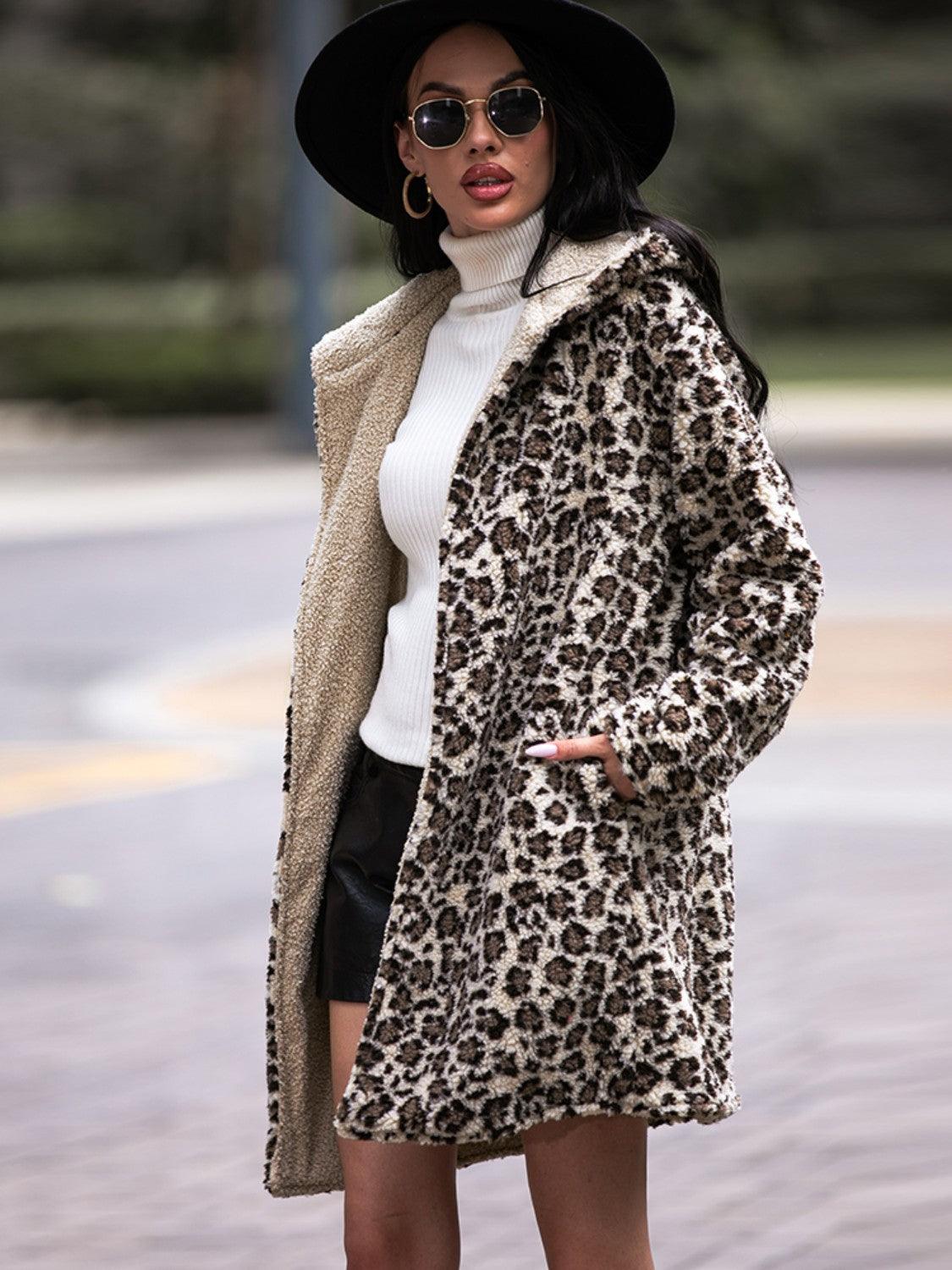 Leopard Hooded Coat with Pockets - SteelBlue