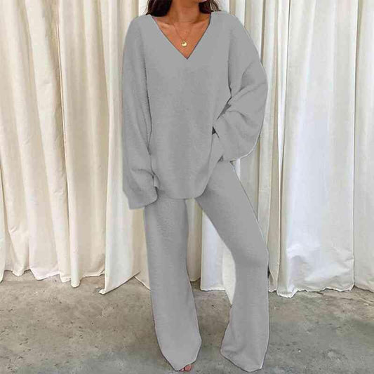 V-Neck Long Sleeve Top and Long Pants Set - SteelBlue & Co.