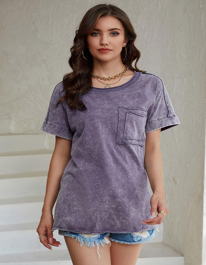 Mineral Wash Round Neck Short Sleeve Blouse - SteelBlue