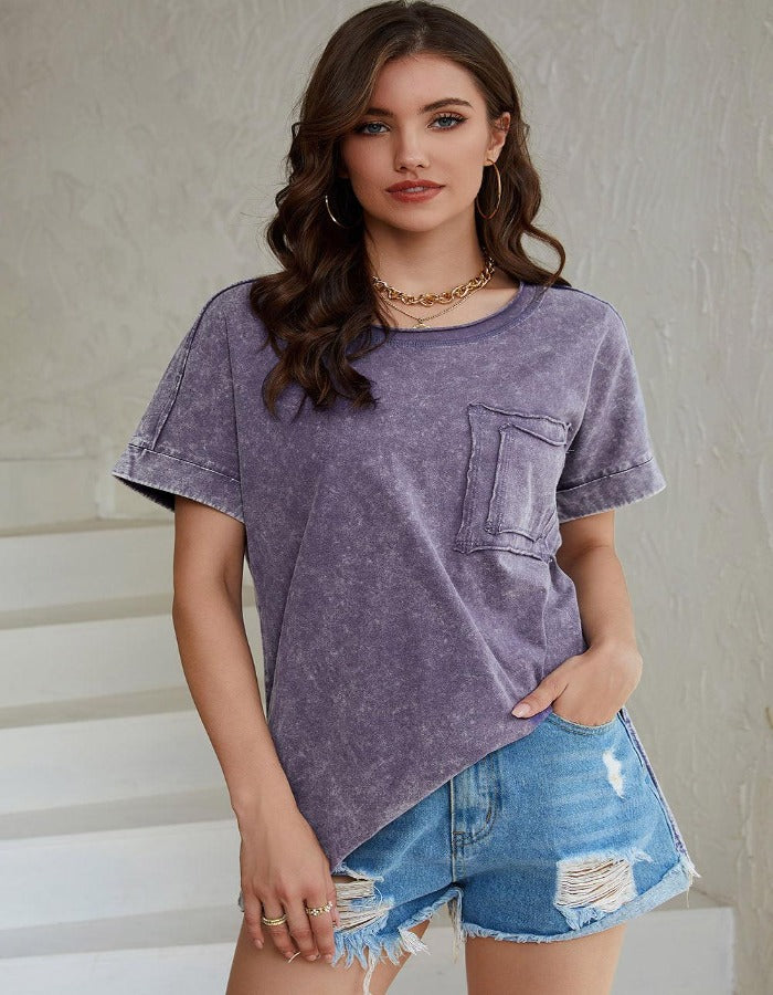 Mineral Wash Round Neck Short Sleeve Blouse - SteelBlue