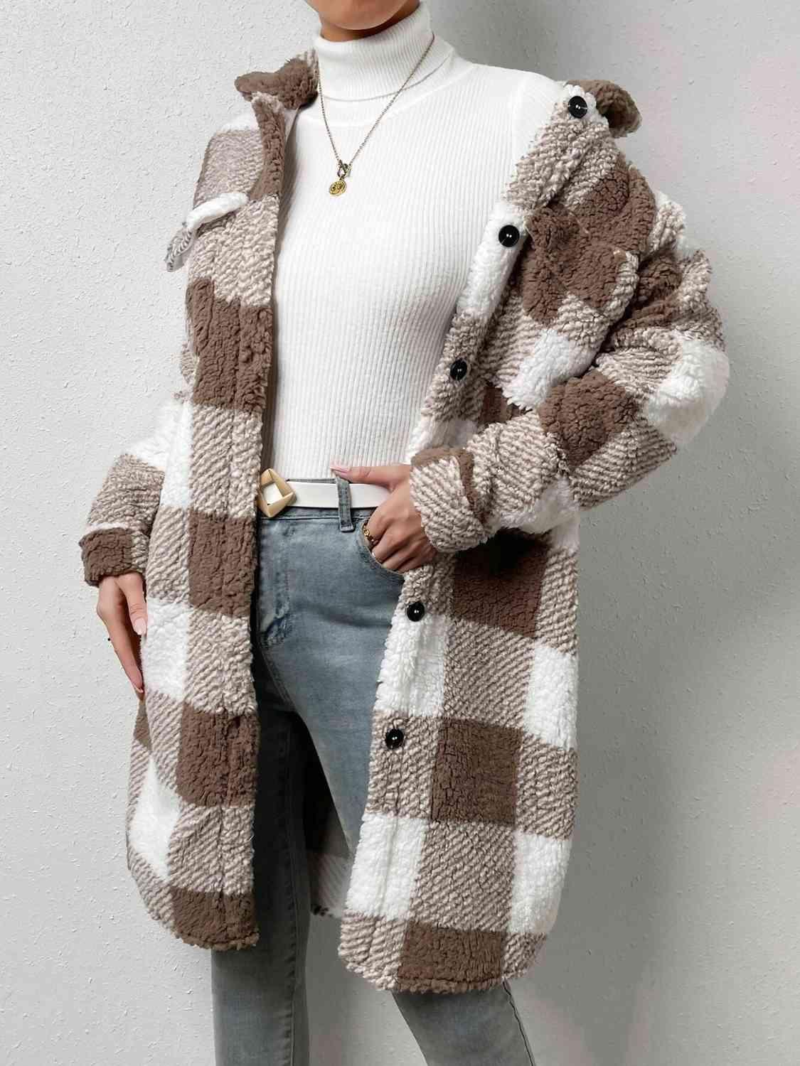 Plaid Collared Neck Button Down Coat - SteelBlue & Co.