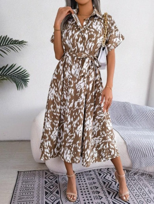 Printed Short Sleeve Tie Waist Dress - SteelBlue