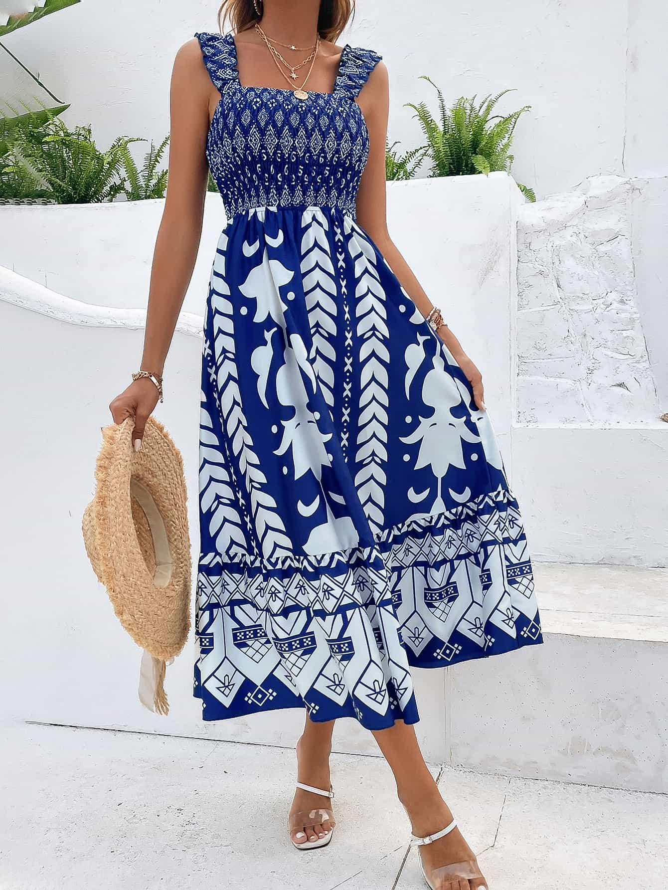 Printed Square Neck Sleeveless Midi Dress - SteelBlue