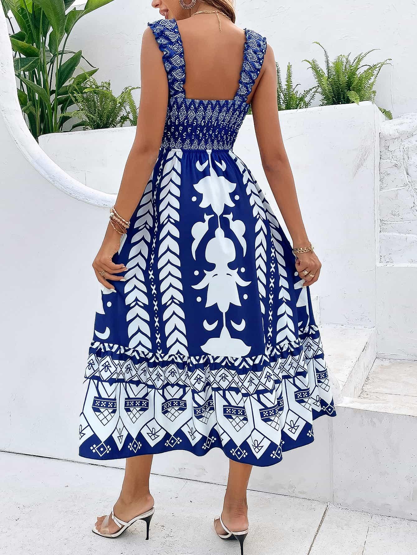 Printed Square Neck Sleeveless Midi Dress - SteelBlue