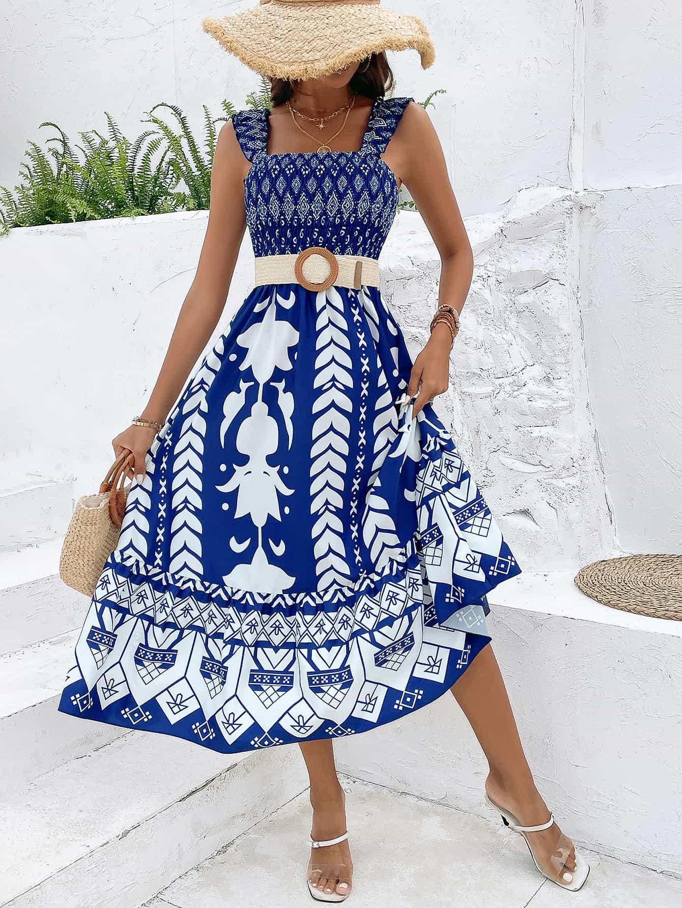 Printed Square Neck Sleeveless Midi Dress - SteelBlue