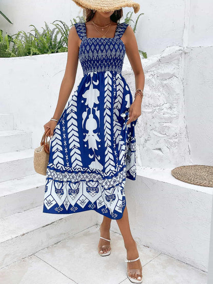 Printed Square Neck Sleeveless Midi Dress - SteelBlue