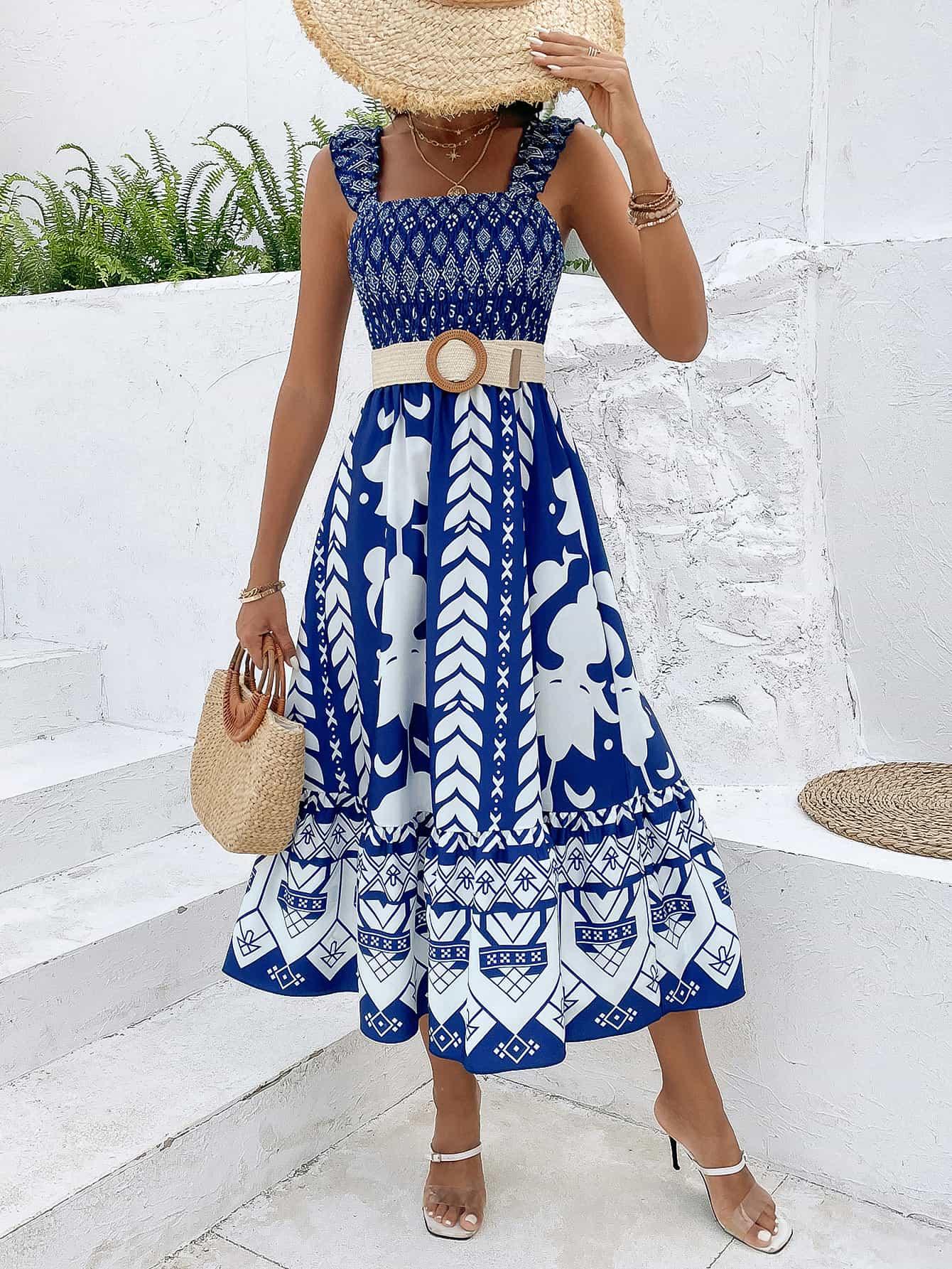 Printed Square Neck Sleeveless Midi Dress - SteelBlue