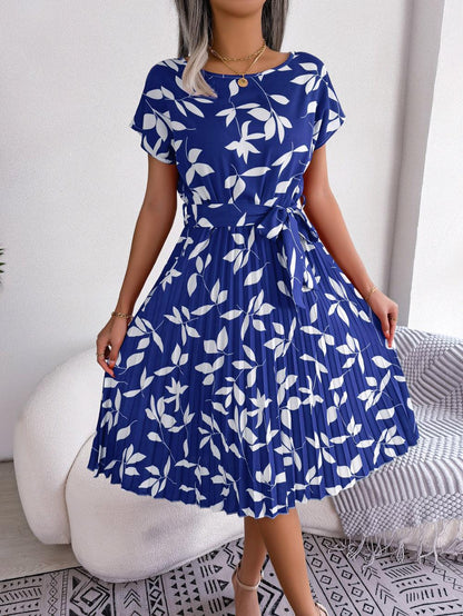 Printed Round Neck Short Sleeve Pleated Dress - SteelBlue