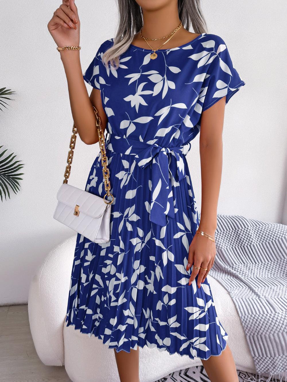 Printed Round Neck Short Sleeve Pleated Dress - SteelBlue