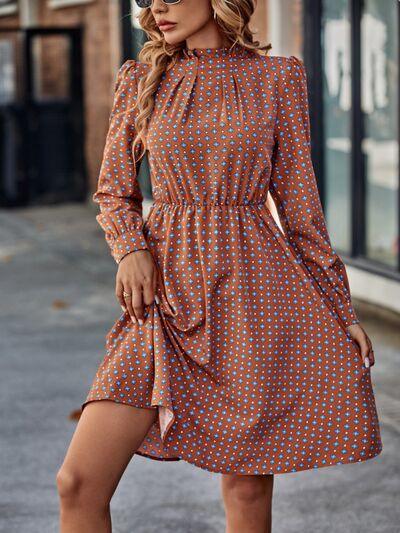 Ruched Mock Neck Long Sleeve Dress