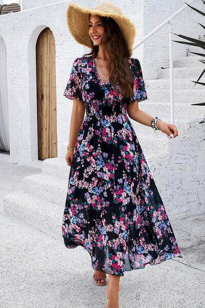 Smocked Floral V-Neck Short Sleeve Dress