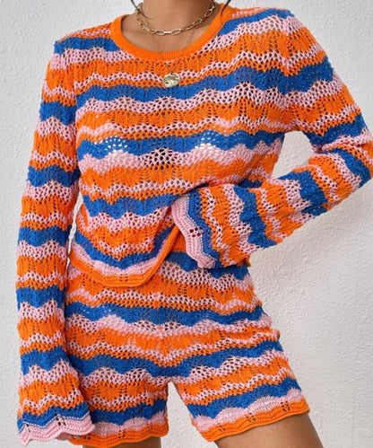 Striped Sweater and Knit Shorts Set - SteelBlue