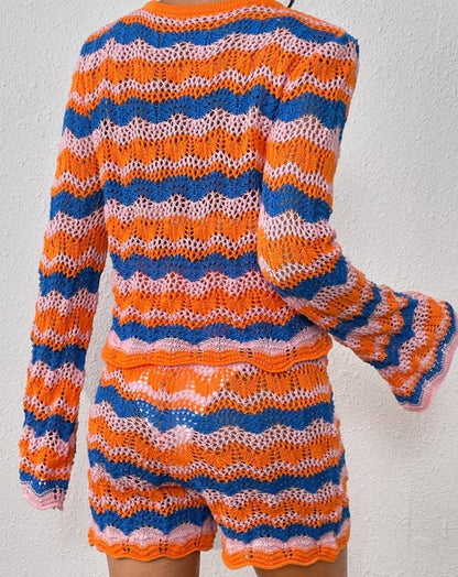 Striped Sweater and Knit Shorts Set - SteelBlue