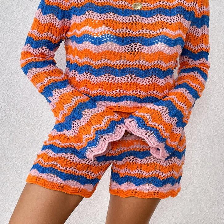 Striped Sweater and Knit Shorts Set - SteelBlue