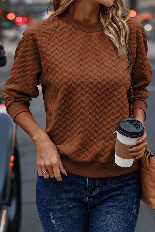 Texture Round Neck Long Sleeve Sweatshirt - SteelBlue & Co.